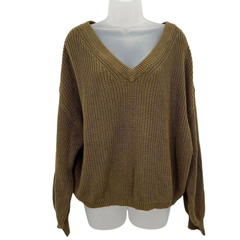 NEW BP Pullover Large Olive Green Chunky Knit V-neck Long Sleeve 100% Cotton - Picture 4 of 11